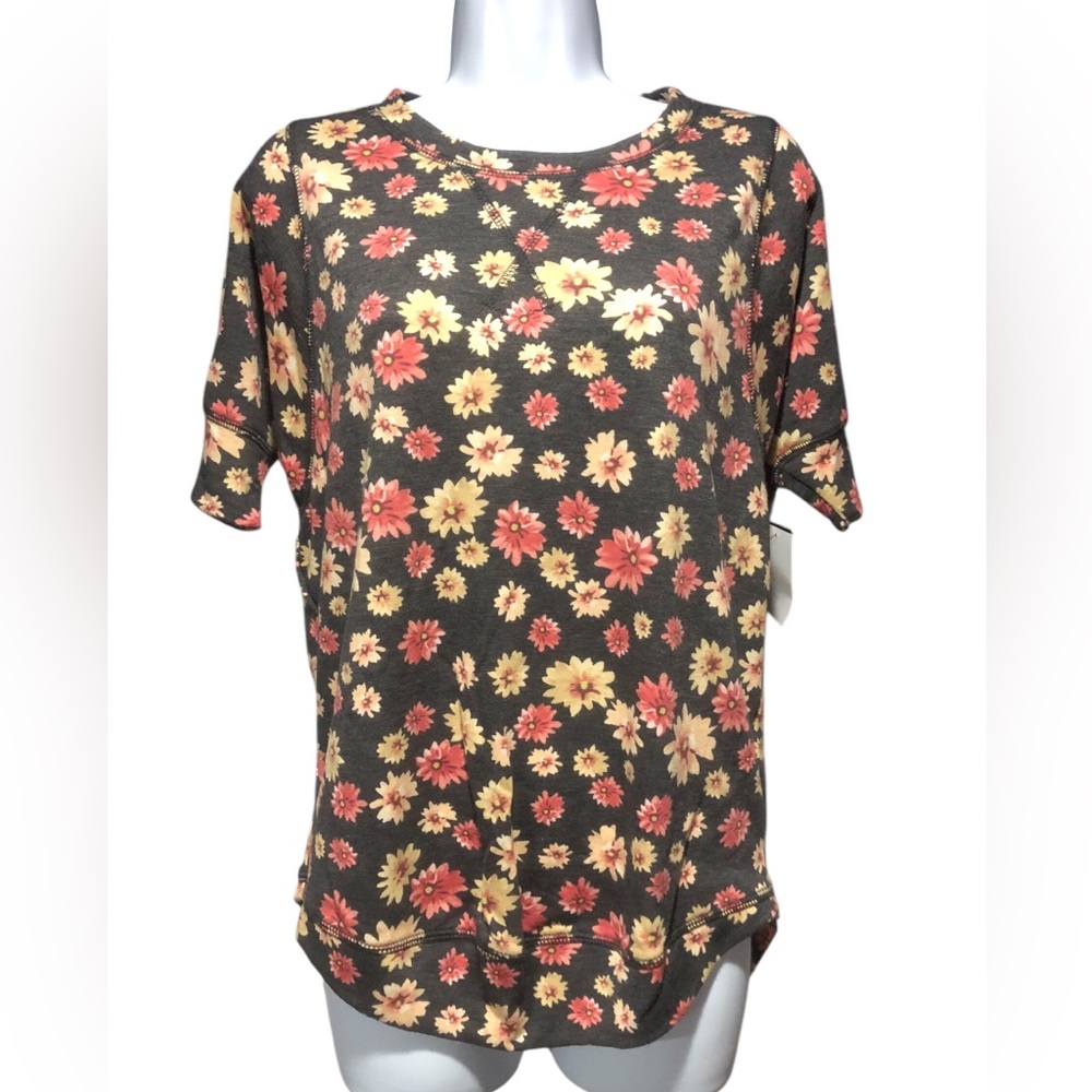 Freeloader Brown Short Sleeve Floral Tunic with Coral & Cream Flowers
